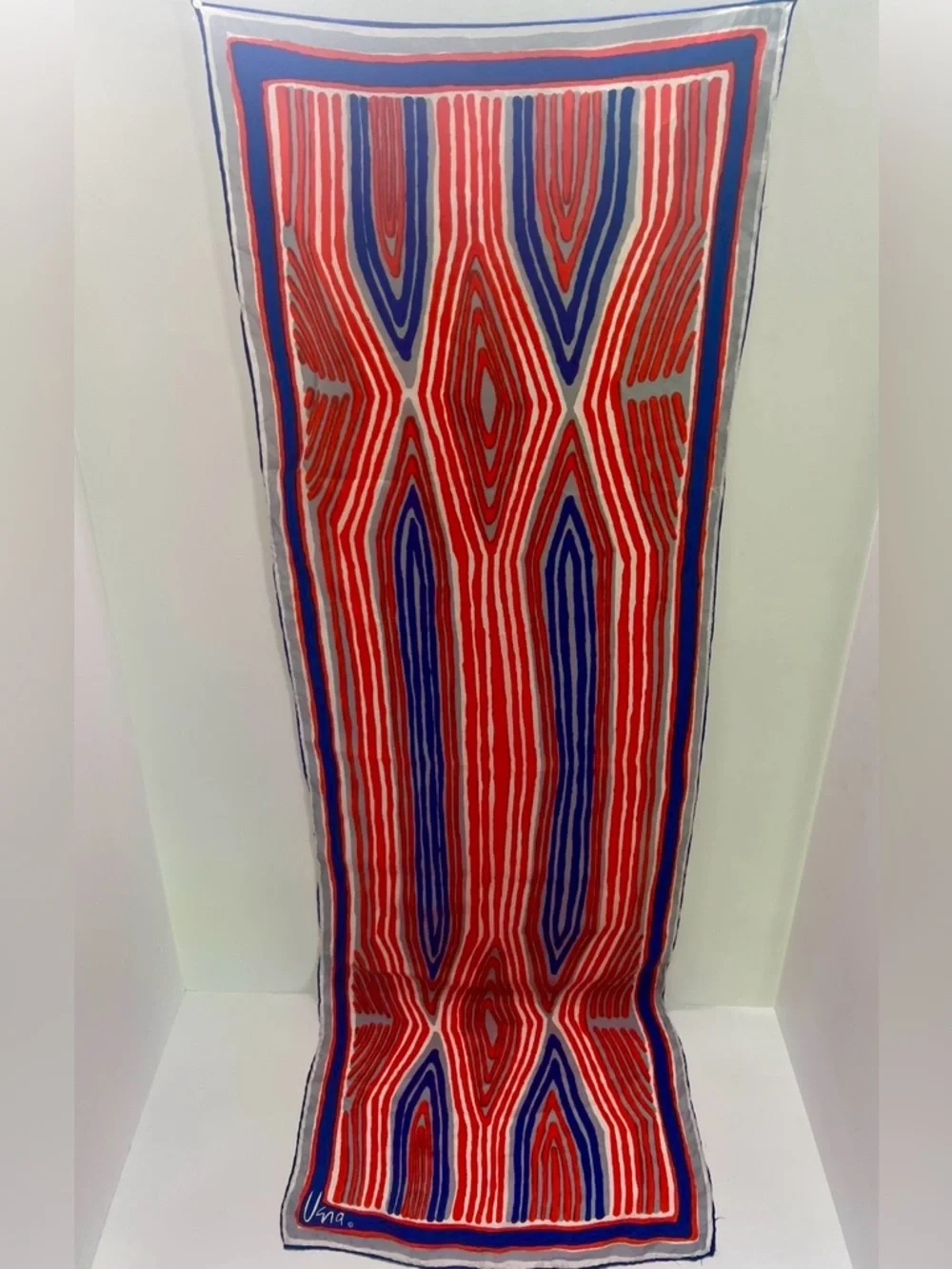 Vintage Vera Neumann Oblong  geometric design scarf red blue handrolled scarf